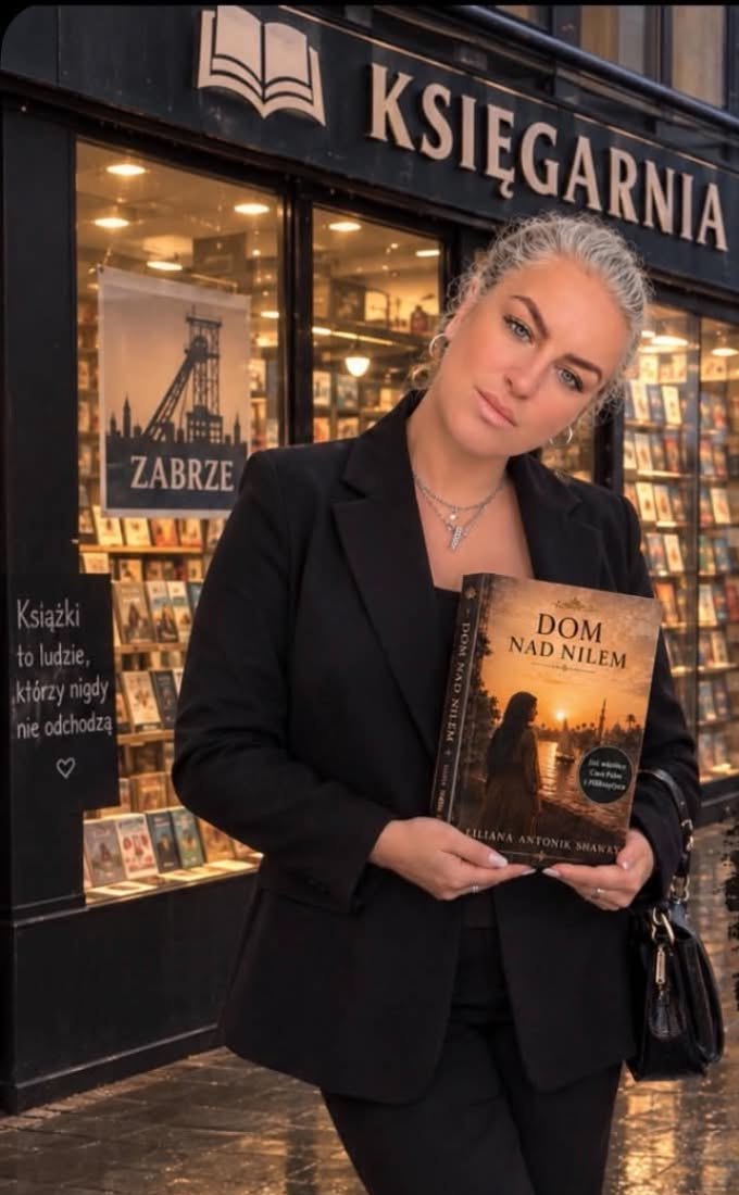 Liliana Antonik Shawky outside a bookshop in Zabrze